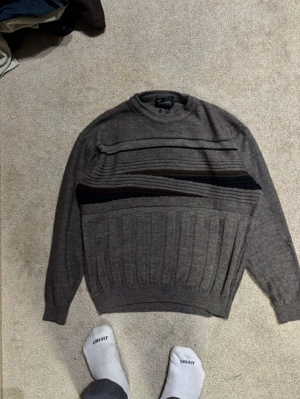 Tosani Canada Grey Ribbed Textured Knit Crewneck Sweater Wool Blend